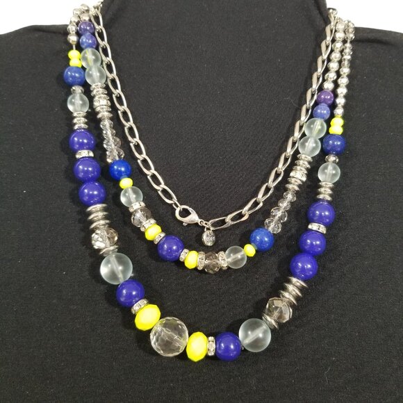 Loft Rope Necklace w/Crystals, Blue and Lime Green Beads on a Chrome Chain - Picture 12 of 13